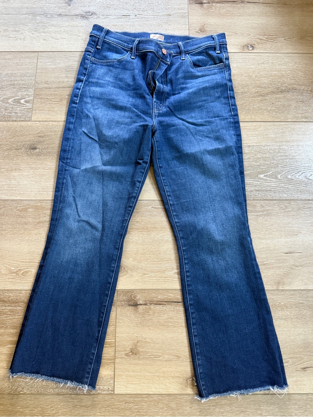 MOTHER Dark Blue Flare Jeans with Raw Hem